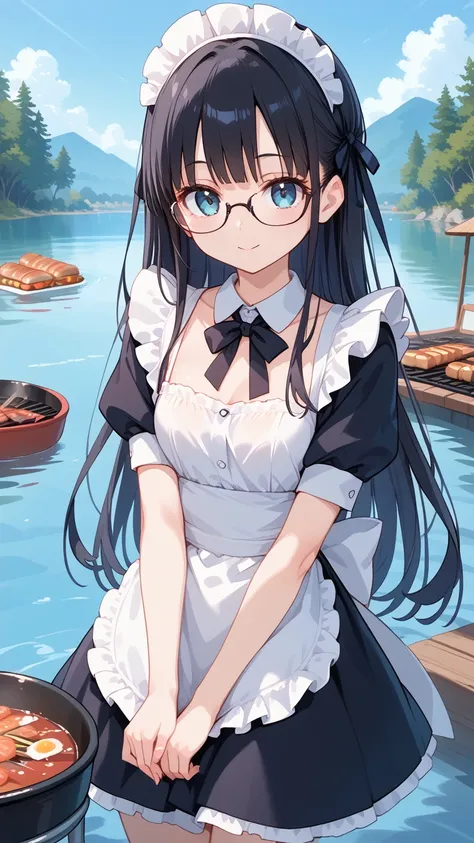  1 girl,Black Hair, long hair,Glasses,  maid clothes,Lake Yamakami ,湖畔の別荘, barbecue, high resolution on down  , 最高quality, Accurate, 高quality, quality,   very detailed,
