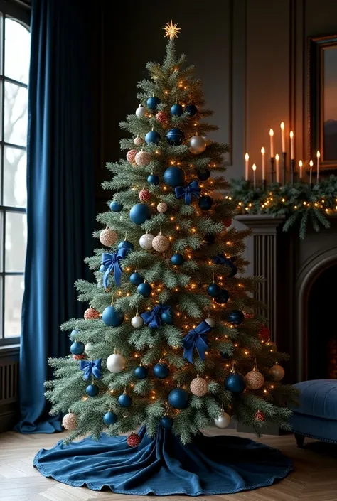  I need blue and rosewood decoration ideas for Christmas. 

Create the whole little tree 