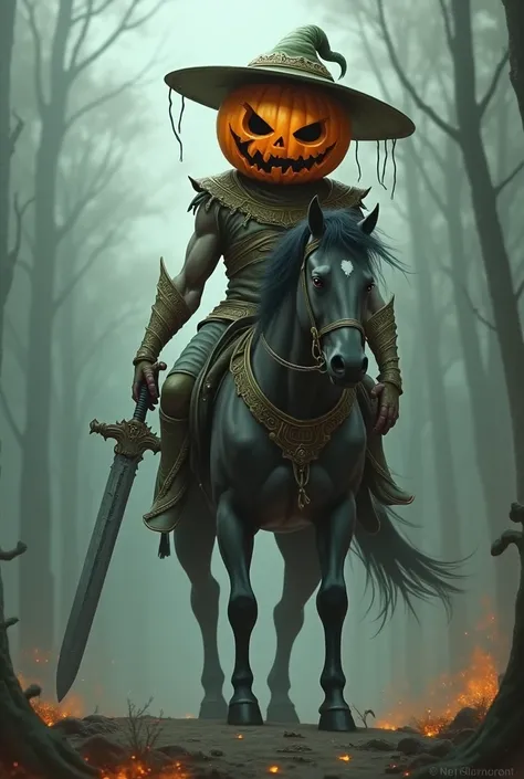 Create a centaur with a sword ,  a pumpkin head and a hat , also with a scar on the face and with long hands but without muscles