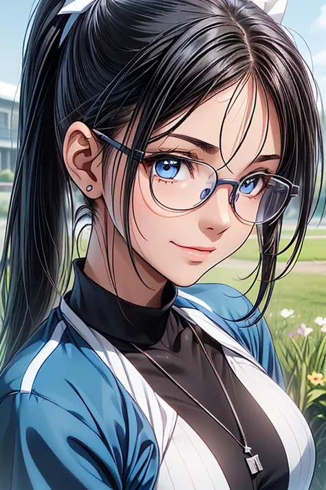  girl posing for a photo,  cute girl, (( one girl playing pranks)), ((baby face:1.4)), ((cute:1.4)), 
break 

((shiny blue tracksuit:1.2)), (( blue sneakers)),  
(( Silver Necklaces )), (( black glasses:1.2)), 
break 

((Black Hair:1.3)), (( extra long sid...