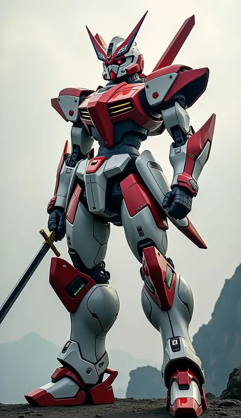 A giant robot inspired by samurai warriors, with sleek armor in Japan’s flag colors (red and white). It wields a high-tech katana and wears a helmet resembling a traditional samurai mask, combining traditional and futuristic aesthetics.