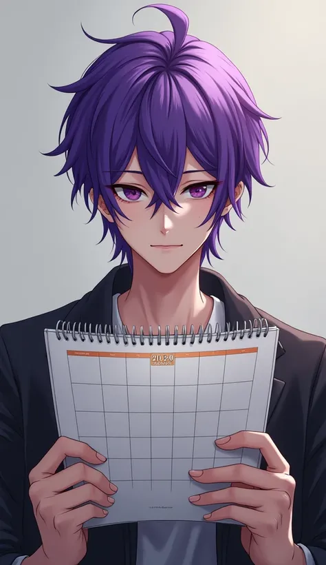 Purple-haired man, holding a calendar 