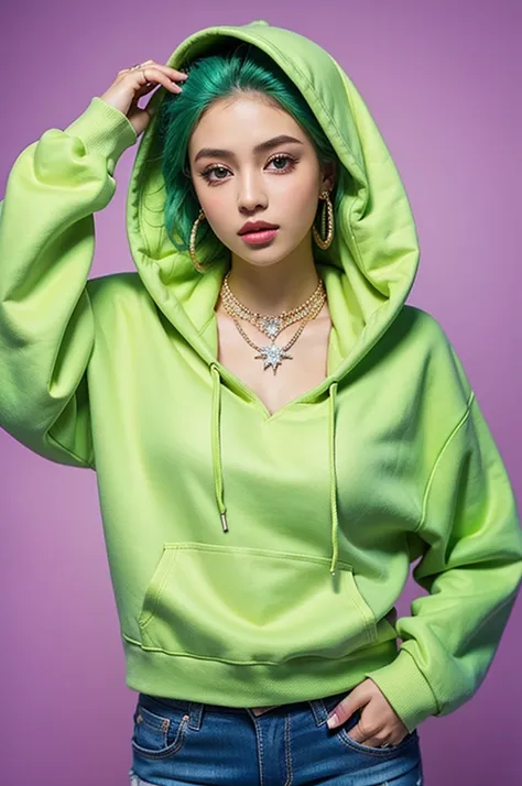 hyper realistic, masterpiece, best quality, ultra detailed, photorealistic, 1girl, hip-hop, large hoodie, purple hoodie, hot pants, diamond necklace, diamond earrings, green hair simple background