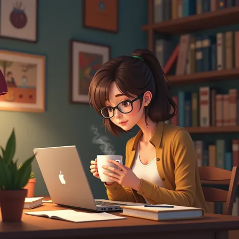 A girl studying with a laptop in a aesthetic room with a lot of books
A room with posters, she is drinking coffee
Her hair is brown with cute glasses 
