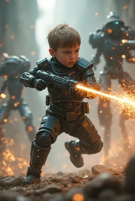 Cyborg，Child，6-14 year old ，Mechanical style，fighting，Laser Sword，cannon， Gatlin ，spark，Explosion scene，Cosmic monsters， fairy background in the world of self-healing ， magic and machinery