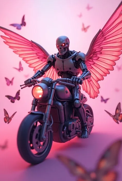 Terminator with a glowing eye on a bike with wings Bloom Winx fairy,  on a pink background and with butterflies in the background