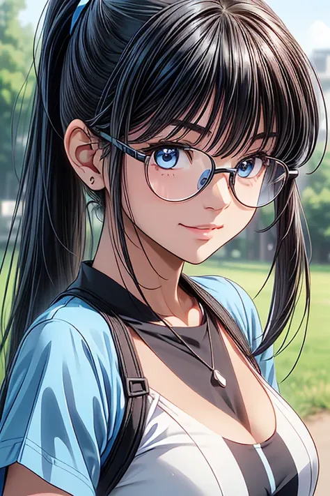  girl posing for a photo,  cute girl, (( one girl playing pranks)), ((baby face:1.4)), ((cute:1.4)), 
break 

(( shiny blue jersey :1.2)), (( blue sneakers)),  
(( Silver Necklaces )), (( black glasses:1.2)), 
break 

((Black Hair:1.3)), (( extra long side...