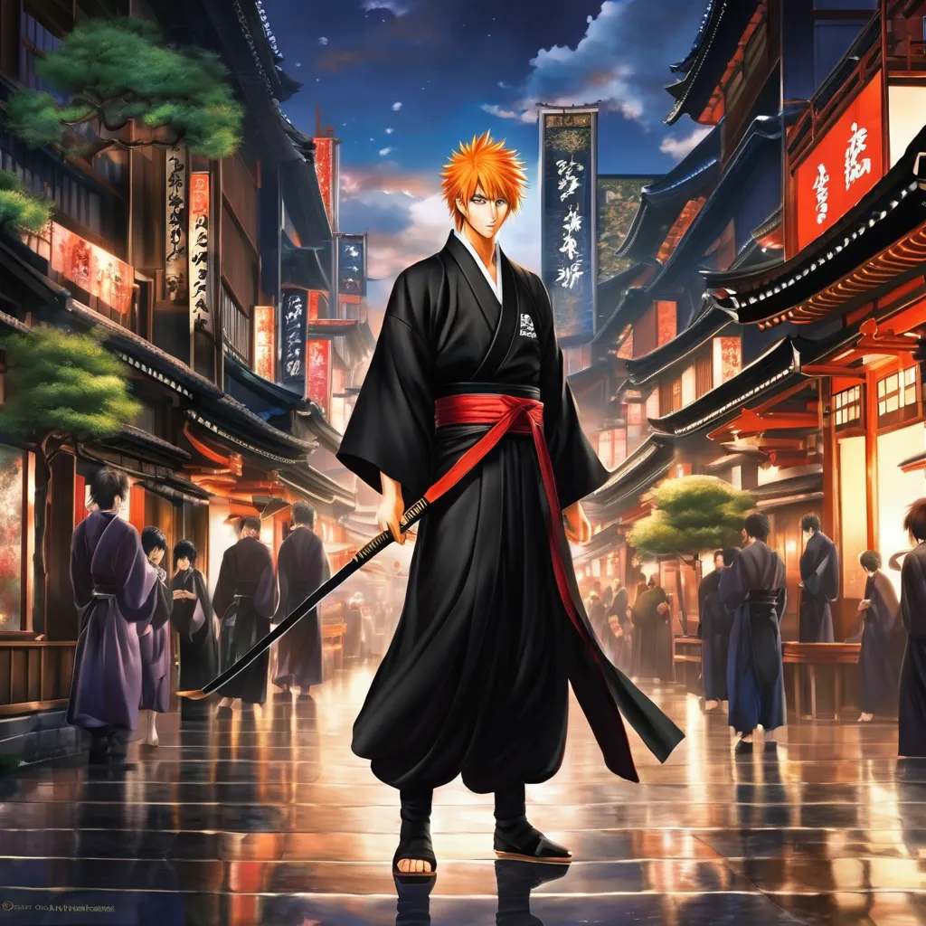 breathtaking kurosaki ichigo,  with (black kimono:1), in city, masterpiece, award-winning, professional, highly detailed