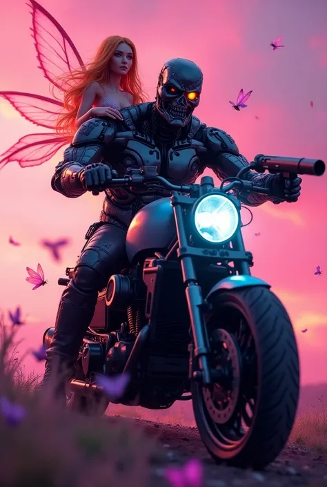  Terminator Schwarzenegger with a glowing eye, riding a ,  bike, holding a ,   shotgun and on her back with wings, Bloom is a Winx fairy ,  on a pink background and with butterflies in the background