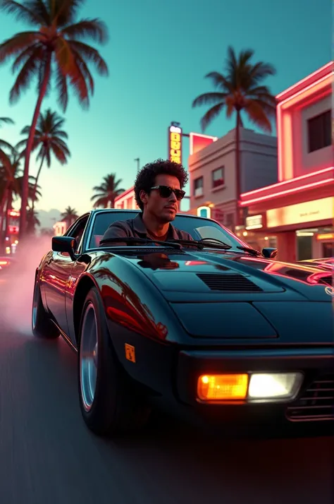 Realistic photo tribute to the Miami Vice series with Don Johnson in the black Ferrari Daytona