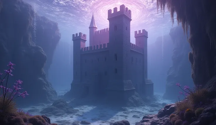 A submerged castle rendered in an Ethereal Aquatic Mirage, where underwater scenes blend with ethereal, dreamlike elements. Use deep violet and silver to create a fluid, otherworldly effect