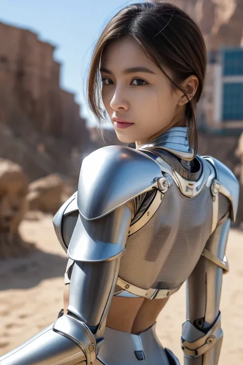  upper body、(Real Photo:1.3)、 ONE CYBORG GIRL、 looking back and looking at me、 beautiful well-groomed face、 BALANCED FACE 、 Brown Short Hair 、 white skin、 slender body 、 Toughened Abs、Thin chest、 cleavage、Armor with mechanical details、Metallic outfit、Mecha...