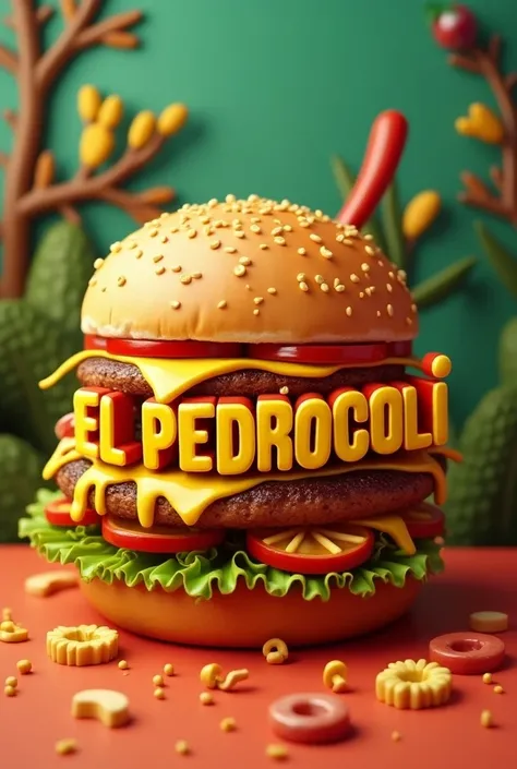  Develop a 3D logo for selling Venezuelan fast food,  must have a hamburger and a Venezuelan hot dog . With the letters of his name “El Pedrocoli 