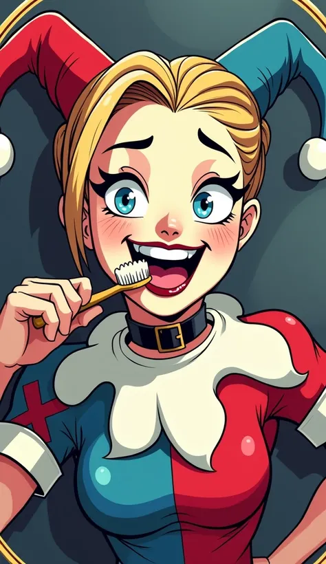 (pop art, flat design, vibrant colors, high detail, 8k resolution) Harley Quinn,  Close-up of Harley Quinn brushing her teeth in front of a mirror, grinning widely, with playful details in the background. The illustrations are bold, vibrant, and graphic, i...