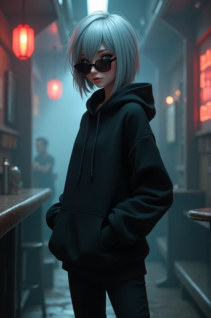     A girl with silver hair wearing a black hoodie and black pants and sunglasses puts her hands on her pants pocket. Close-up of the bar background. Animation style. Dark fog and mist effect. Film light and shadow effect texture. Complex clear high-qualit...