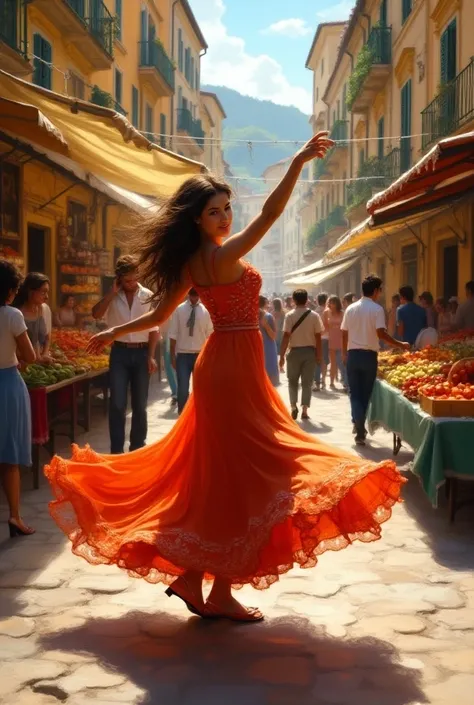 An Italian lady dancing in market
