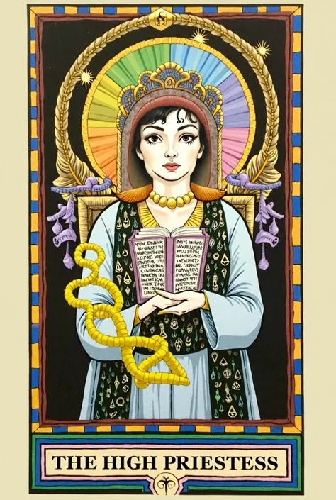  Imagine a detailed and symbolic painting that represents the Tarot card  "To the High Priesthood",  with the character Renata from the series  *The OA*  such as the central figure .  The scene takes place in a mystical and ethereal space ,  that mixes nat...