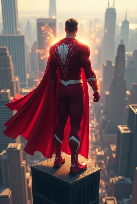 A superhero is on a building he is watching the city he is wearing a red and white suit he is controlling lives floating behind him in animated mode 