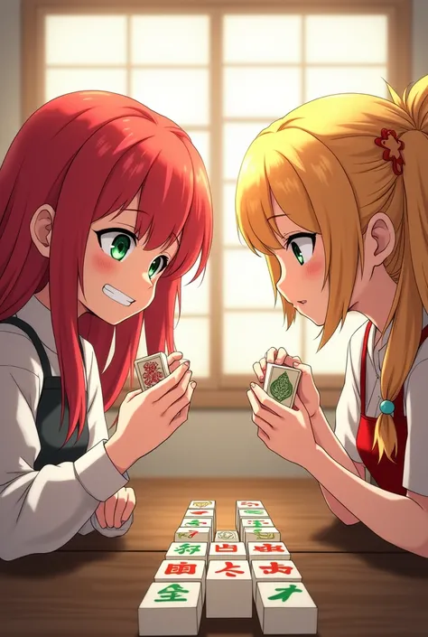  red-haired and yellow-haired girl with mahjong tiles in her hands　手に麻雀牌を持つ