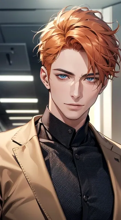 (best quality,4k,8k,highres,masterpiece:1.2),ultra-detailed,(realistic,photorealistic,photo-realistic:1.37),1 man,3,mature man,very handsome,without expression,smile,short orange hair,blue eyes,penetrating gaze,perfect face without errors,imposing posture,...