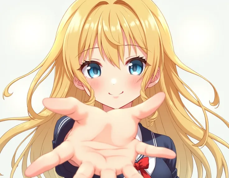 Anime girl showing her hand to the camera, blonde girl that is 19 years old