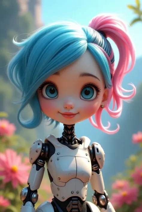 Cute robot girl with skin, blue pink hair