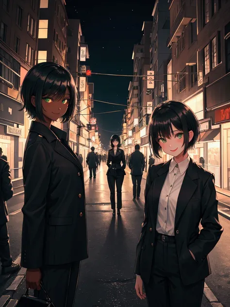  high resolution on down,Night view,bustling street, silver skyline GTR , shining in the city lights ,１ girls, short hair standing beside,Black Hair,Green Eyes,glowing eyes , dark brown skin ,Rosy jacket , white blouse, black slacks ,smile,Wink, looking at...