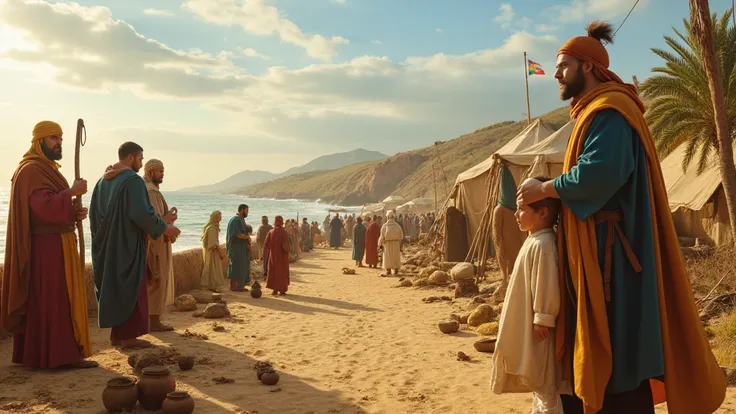 image of men, women and ren, dressed in biblical clothing; coastal village from biblical times with biblical tents and a sunny sky with few clouds in the background;