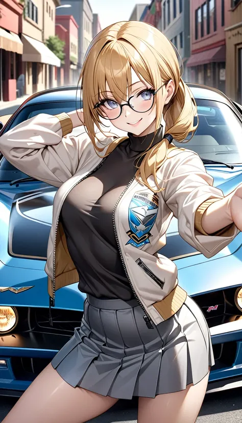  one woman。solo。
Realistic drawing。High image quality。 high quality。
Honey Blonde 、 low ponytail。 straight hair 。Blouson。skirt。
Rimless glasses。Rectangle Lenses 。
 blue and gray gradation eyes。smile。Focus on the face。
 slender。Squint your eyes。underwear。To...