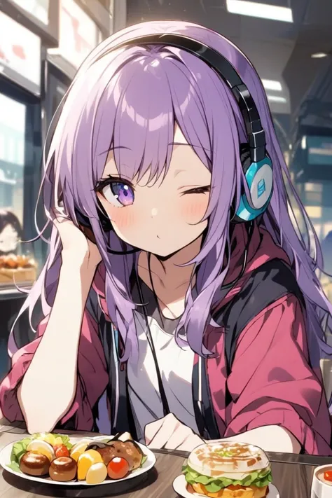  girl、 purple hair、 semi-long、Food、Headphones、Half an eye、