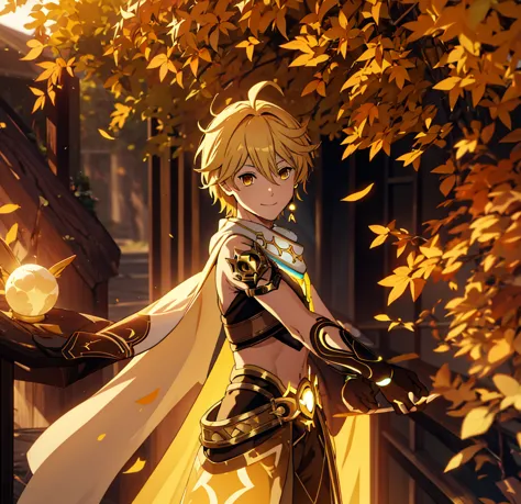 hd images, detailed, csm anime style, aether 1boy male focus blonde hair yellow eyes ahoge hair between eyes,aether \(genshin impact\)
1boy
solo
cape
earrings
jewelry 
gloves
midriff,
navel
scarf, walking, upper part, holding wood, smile