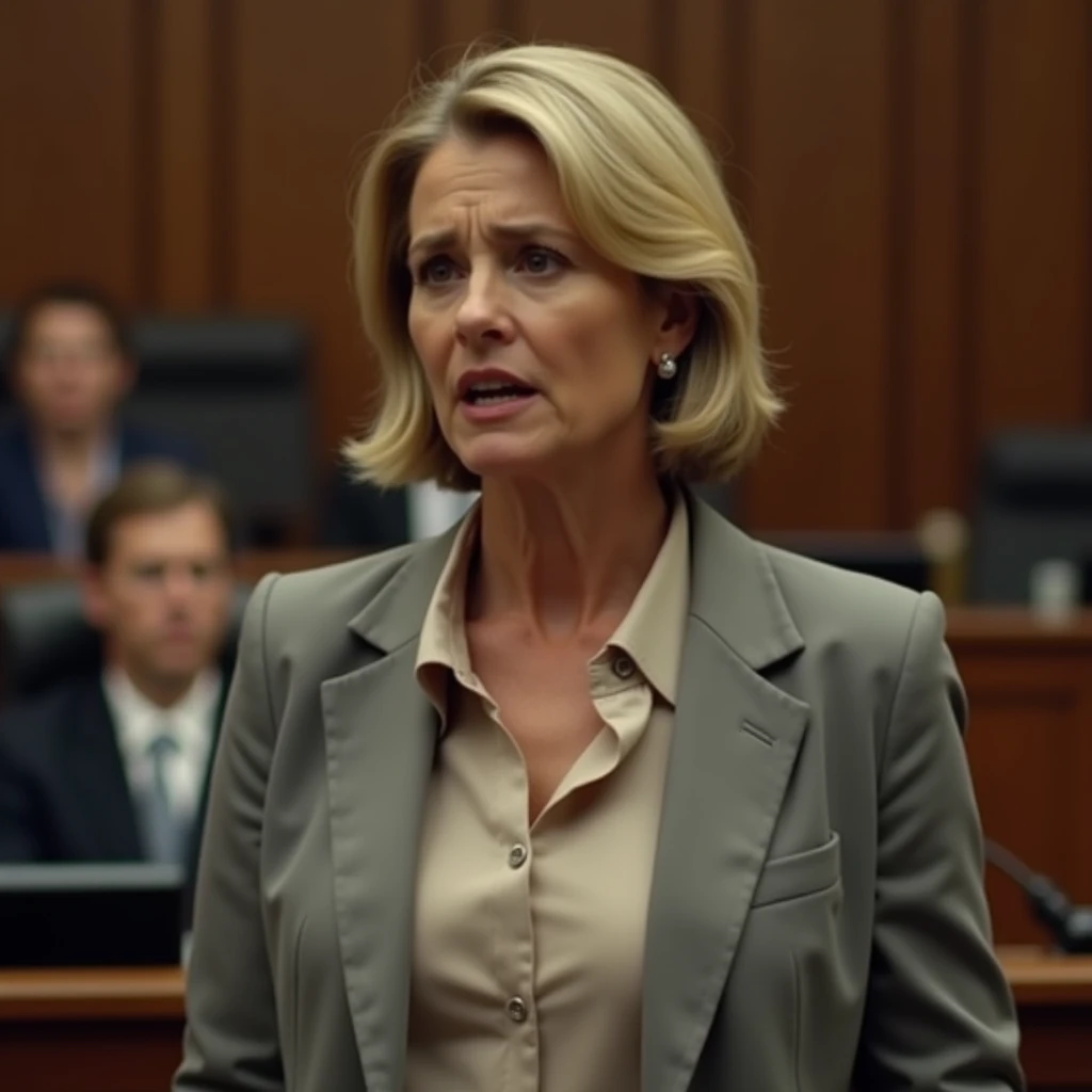 A 40-year-old woman with short, blonde hair and a determined expression. She is dressed in a neat, business-casual outfit with a light-colored blouse and blazer. Evelyn looks worried but confident as she speaks, standing in a courtroom setting with an earn...