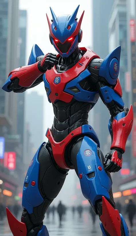 A futuristic robot inspired by taekwondo, featuring colors from the South Korean flag (red, blue, white, and black). It uses rapid martial arts moves, with powerful punches and kicks, and has a helmet with a visor that displays glowing Korean Hanja symbols...