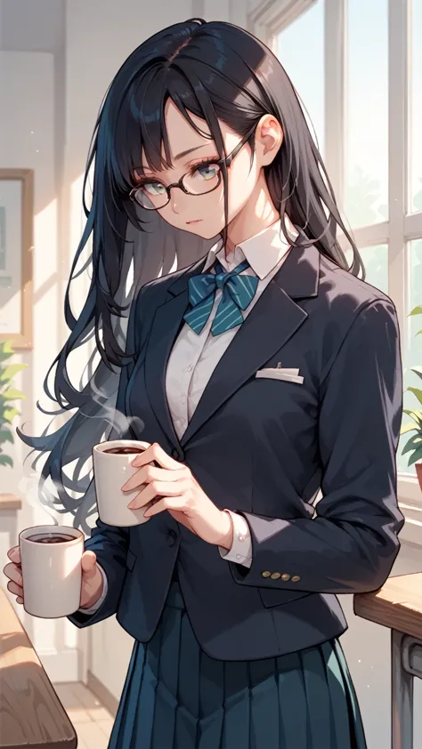  1 girl,Black Hair, long hair,Glasses,blazers, pleated skirt,living,coffee