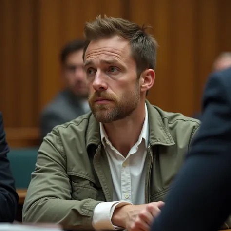 A man in his early 30s, casually dressed in a plain shirt and jacket, looking slightly defensive but composed. He has short brown hair, a light beard, and a serious expression. His body language is reserved as he sits at the defendant’s table in a courtroo...