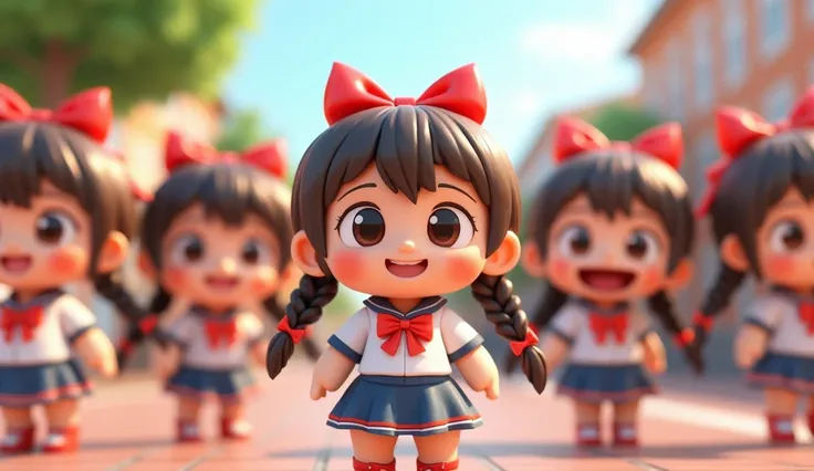 Female students, hair braids, red bow, 3D chibi style