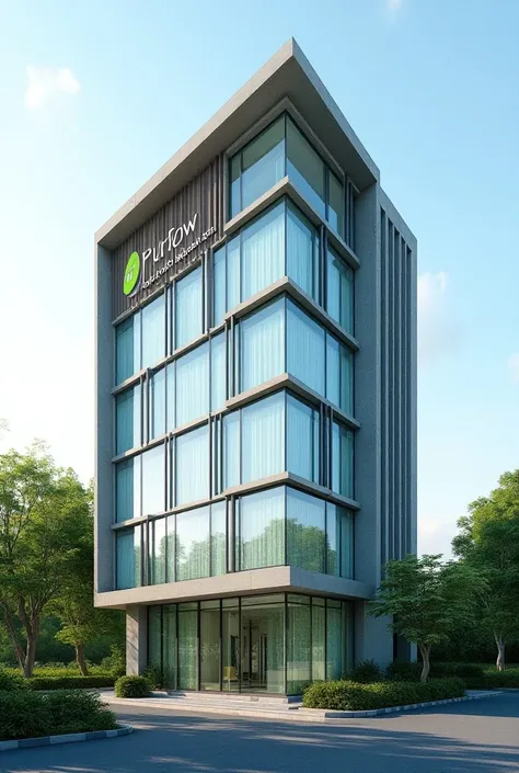 Create a building of offices in  building situated in Pakistan Karachi show the vibe of Pakistan and environment of Pakistan , with greenery by side, and building constructed with mixture of glass and concrete with modern design, make it realistic , and en...