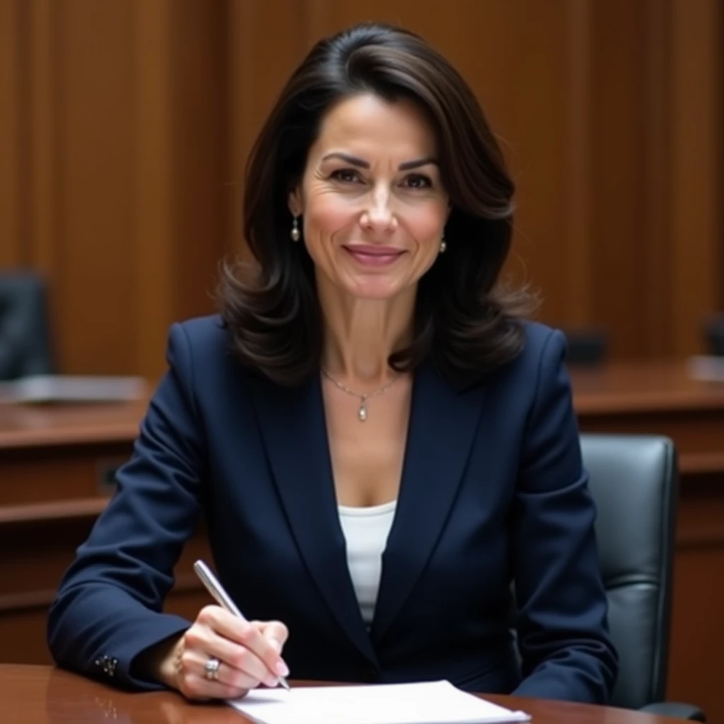 A professional-looking woman in her 40s with shoulder-length dark hair, wearing a tailored navy-blue suit. She has a confident and focused expression, holding a pen and paper at the plaintiff’s table in a courtroom. Her posture is poised, indicating her re...