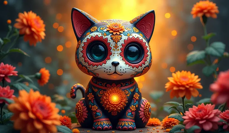 A vibrantly decorated sugar cat, intricately designed with colorful marigolds, delicate filigree, and intricate patterns to honor Dia de los Muertos. The warm, golden glow emanates from the beautifully crafted skull, creating a mesmerizing visual celebrati...