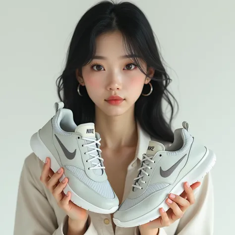 Japanese woman in her 20s holding Nike shoes, real photo, ultra high resolution, 4K