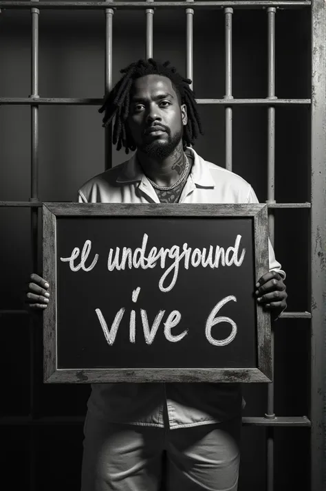  A rapper behind bars showing a blackboard with the text in Spanish that reads : EL UNDERGROUND VIVE 6 .