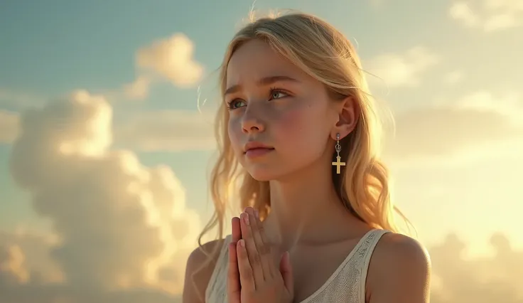 A beautiful blonde girl 13yo, in left side, wearing cross earrings,feeling sad while praying and elegantly wrapping around her hands in a prayer position, hands raised in worship, tears glistening on her cheeks sitting with Beautiful sky, Beautiful clouds,...