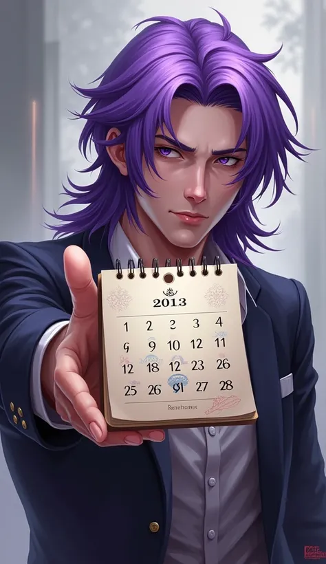 Purple-haired man displaying a calendar,  realistic image  