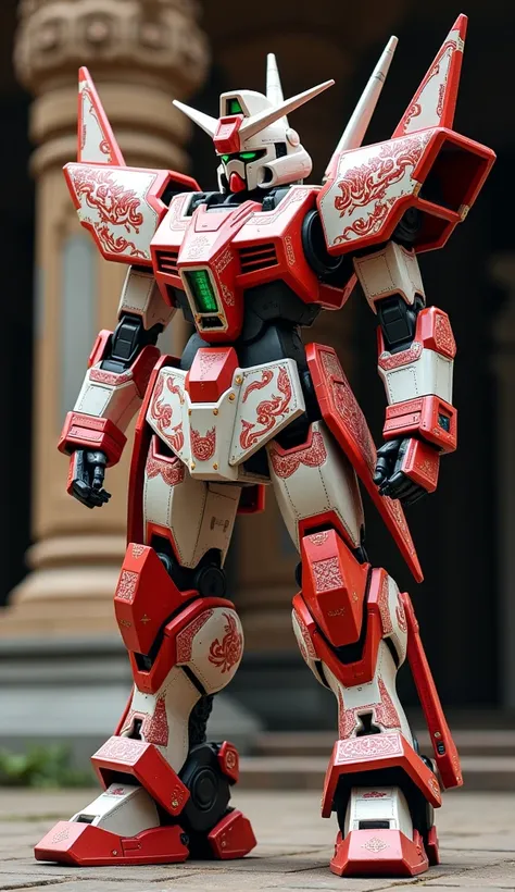 A powerful, sturdy robot inspired by traditional Indonesian warrior figures, in red and white colors. It has dual long-range weapons and a design that evokes Indonesian temples and batik patterns for added detail.