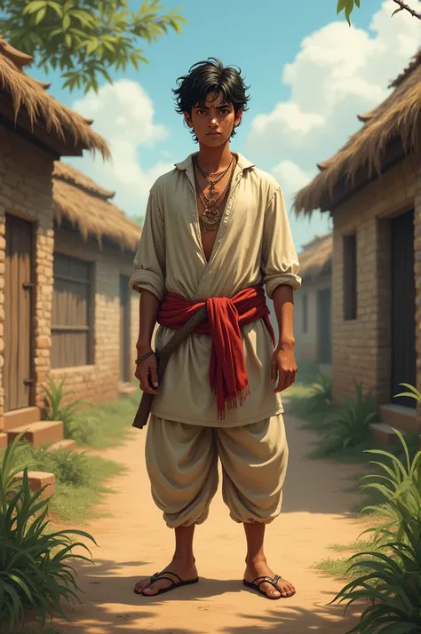 Arjun, a simple young man in modest rural clothing, standing in a small village setting. His expression is determined, symbolizing his hope and ambition despite his humble background