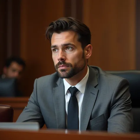 A well-groomed man in his late 30s with short, dark hair and a neatly trimmed beard. He wears a sharp gray suit and tie, looking calm and strategic. His expression is thoughtful as he listens intently, seated at the defense table in a courtroom. The scene ...