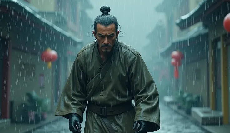 3D Style: The scene where the wind and rain mixed ：In the midst of torrential rain ， Ah Tao braved the rain to drive ， Clothes getting wet ， showed an indomitable expression on his face 。 The rain was like a test of life ， washing his body ， but his footst...