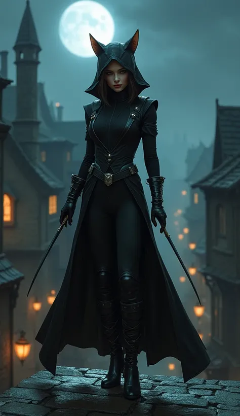 "A captivating hybrid of a woman and a cat, dressed in sleek, black, assassin-style attire, standing in a dynamic pose on the rooftop of a medieval village building. Her face is primarily human with soft features, piercing eyes, and cat ears that add a sub...