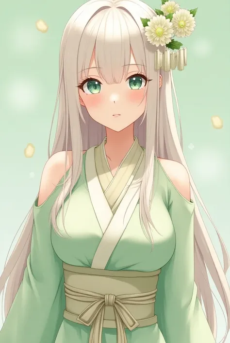 Beautiful anime woman with pale skin, mint-green eyes framed by long eyelashes, full pink lips and long, smooth platinum-blonde hair. She has a curvaceous and slender figure with noticeably large breasts. She wore a pale-green medium-lengthed hōmongi kimon...