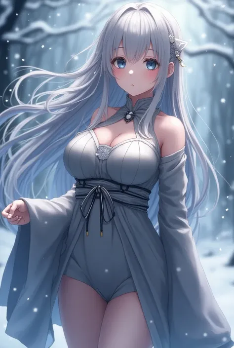 Long, silver hair ,  blue eyes on the right ,  gray eyes on the left , Woman with big breasts in a Japanese maiden costume, snowflake background , dead pan,  Japanese anime character 